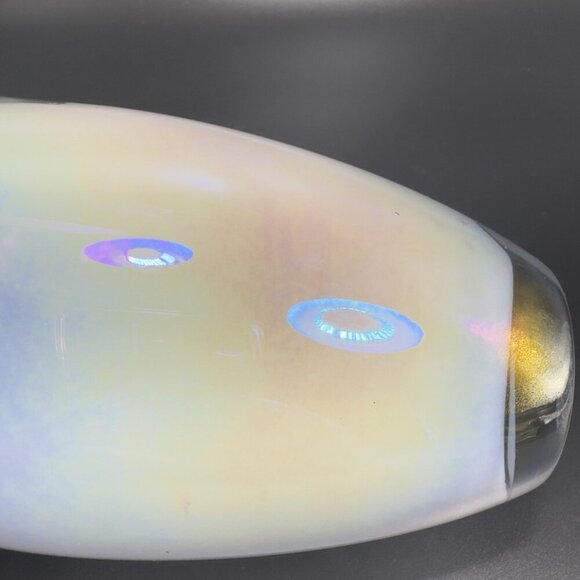 Heavy Art Glass Vase Vessel White Iridescent Finish Multicolor Glass Vase Decor - Picture 8 of 15